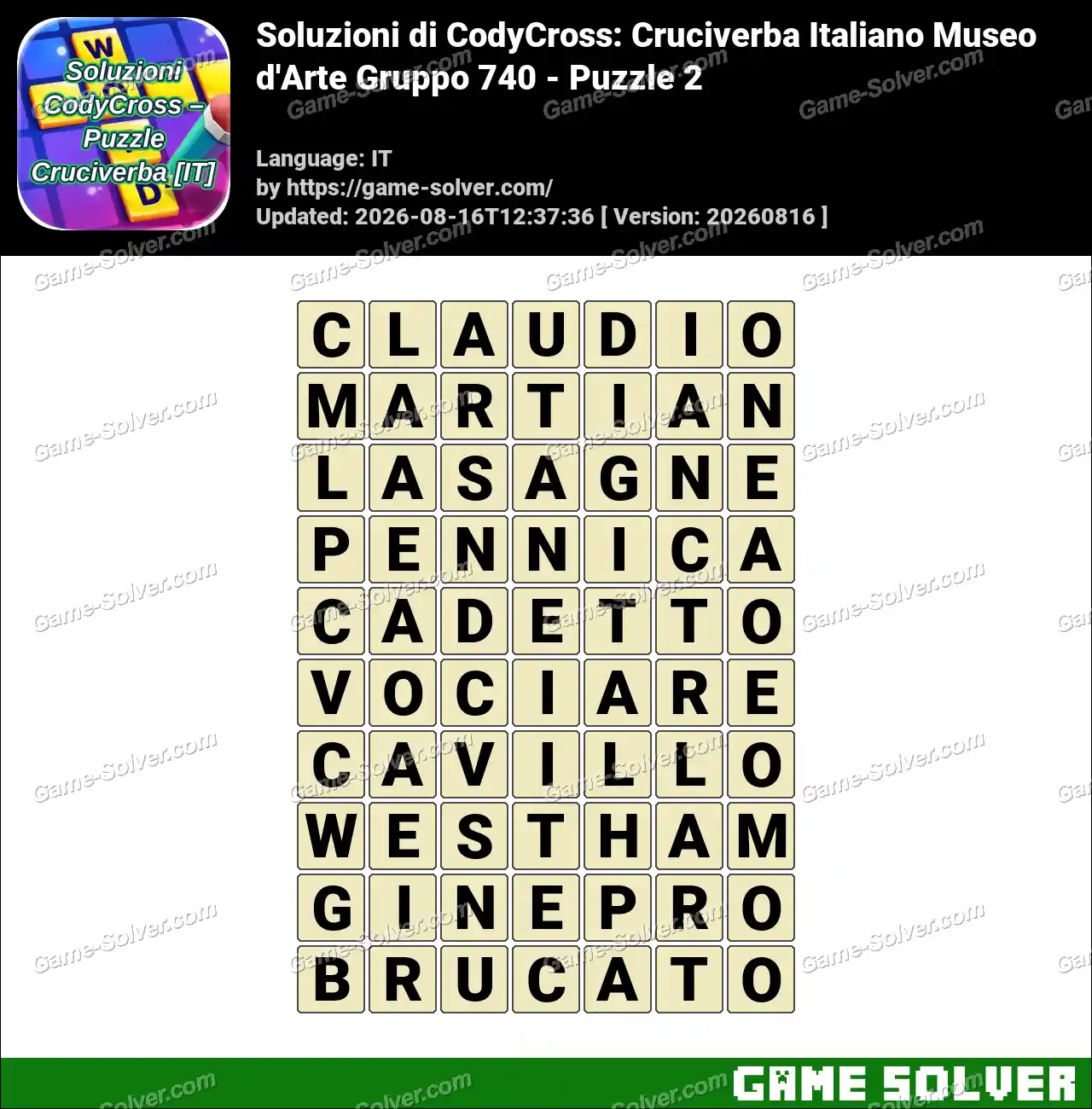 Soluzioni di CodyCross: Cruciverba Italiano Museo d’Arte Gruppo 740 – Puzzle 2